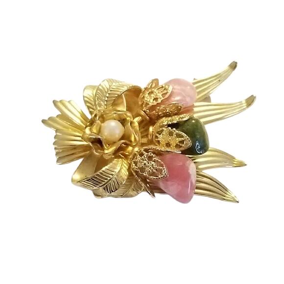 Vintage Gold Tone Brooch with Pink & Green and Faux Pearl Cabochon - Picture 4 of 7